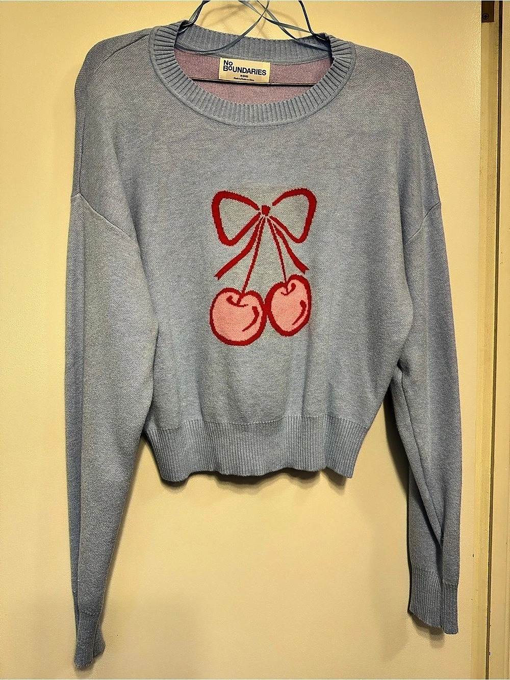 No Boundaries Light Blue Cherry Graphic Crewneck Sweater Size Medium